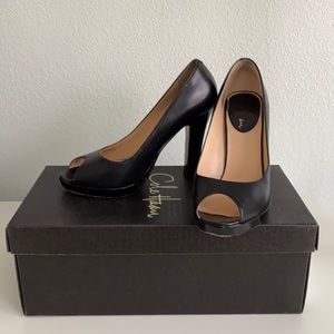 Cole Haan Black Matte & Patent Leather Peep Toe Pumps Heels Size 7